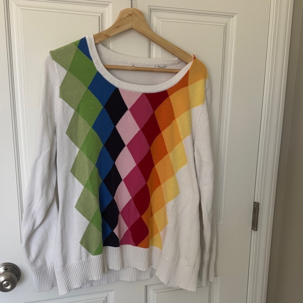Liz Claiborne White Sweater with Rainbow Argyle Front